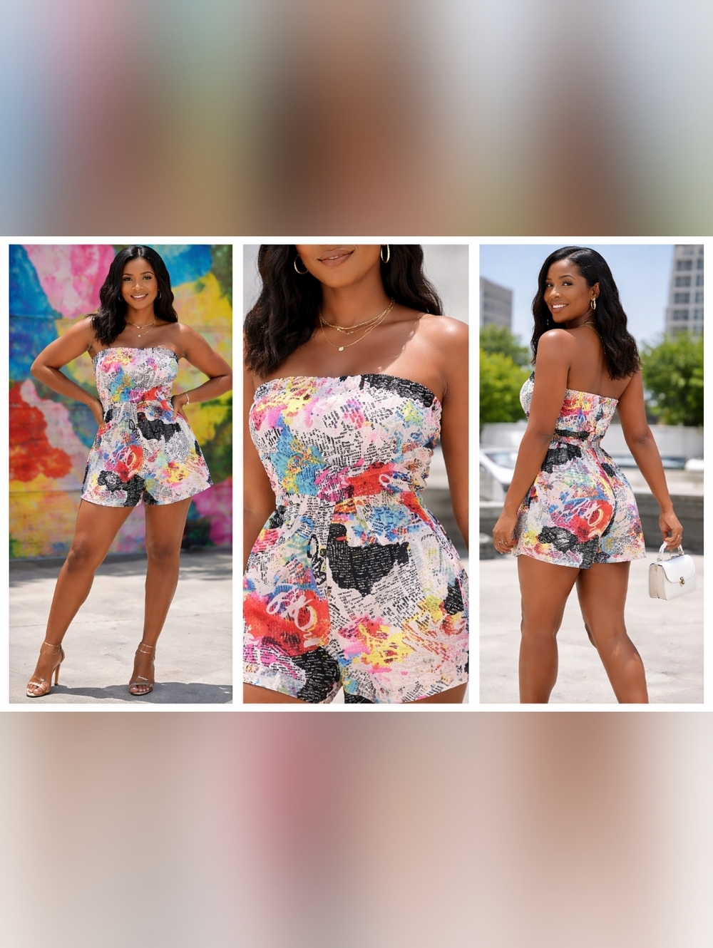 Absolutely It Strapless Colorful Print Romper | Women’s Medium | Summer Brunch